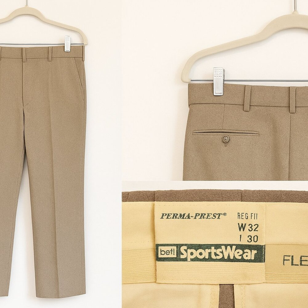 Vintage Sears Perma-Prest Pants W32 L30 Beige Flexslik Waistband 70s Mens Trouse